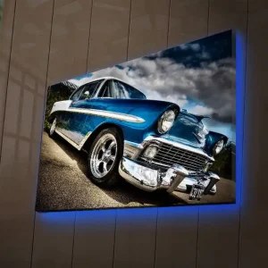 Sista chansen Canvastavla med LED-belysning 45x70 cm - Klassisk bil i retrostil med glänsande kromdetaljer Blå / Silver / Svart - Inredning