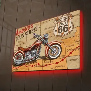 Erbjudande Canvastavla med LED-belysning 45x70 cm - Motorcykel på en karta över Route 66 Röd / Brun / Beige - Inredning