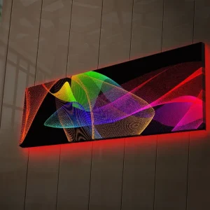 Köp nu Canvastavla med LED-belysning 30x90 cm - Abstrakt komposition med färgglada linjer och former Röd / Grön / Lila - Inredning