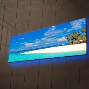 Nyhet Canvastavla med LED-belysning 30x90 cm - Paradisstrand med turkost vatten och palmer Turkos / Blå / Grön - Inredning