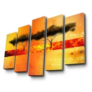 Begränsat erbjudande Stor Canvastavla i 5 delar 105x70 cm - Silhuett av träd mot en färgglad solnedgång Orange / Gult / Svart - Inredning