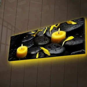 Nyhet Canvastavla med LED-belysning 30x90 cm - Lugnande komposition med svarta stenar och brinnande ljus Svart / Gul / Grå - Inredning