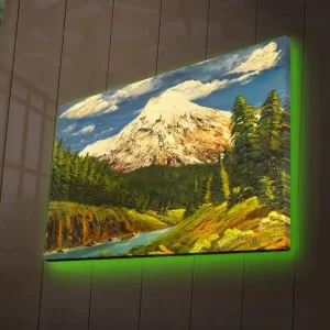 Nedsatt pris Canvastavla med LED-belysning 45x70 cm - Storslagen berglandskap med snötäckta toppar och grönskande skogar Grön / Blå / Vit - Inredning