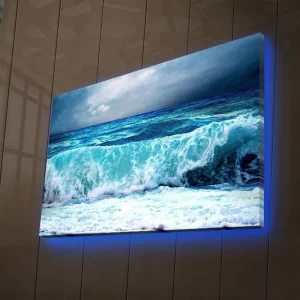 Begränsad tid Canvastavla med LED-belysning 45x70 cm - Storslagen havsutsikt med kraftiga vågor Turkos / Blå / Vit - Inredning