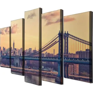 risnedsättning Stor Canvastavla i 5 delar 105x70 cm - Stadssilhuett med Manhattan-bryggan i solnedgången Guld / Blå / Grå - Inredning