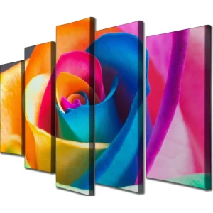 Stor Canvastavla i 5 delar 105x70 cm - Färgglad ros med intensiva nyanser Orange / Blå / Rosa - Inredning Köp online