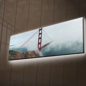 Canvastavla med LED-belysning 30x90 cm - Golden Gate-bron omgiven av dimma och hav Röd / Grå / Blå - Inredning Fynd