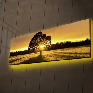 Canvastavla med LED-belysning 30x90 cm - Silhuett av ett träd mot en gyllene solnedgång Guld / Svart / Grön - Inredning Populär