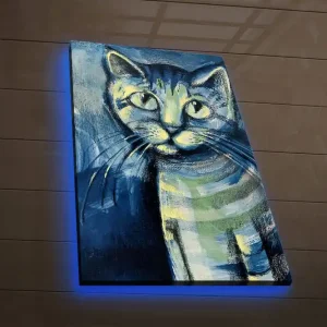 Lågt pris Canvastavla med LED-belysning 70x45 cm - Kattporträtt med uttrycksfulla ögon Blå / Grön / Svart - Inredning