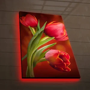 Säker betalning Canvastavla med LED-belysning 70x45 cm - Färgglada tulpaner i en livfull komposition Röd / Grön / Orange - Inredning