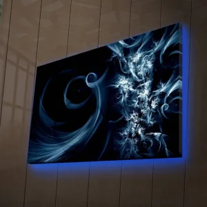 Rabatter Canvastavla med LED-belysning 45x70 cm - Abstrakt komposition med svarta och blåa svirls Mörkblå / Ljusblå / Svart - Inredning