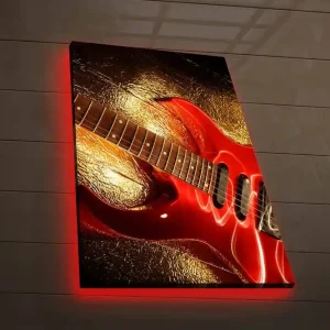 Canvastavla med LED-belysning 70x45 cm - Glänsande röd elgitarr med en gyllene bakgrund Röd / Guld - Inredning Utförsäljning