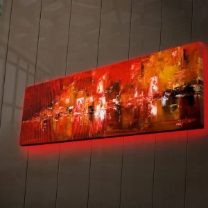 Canvastavla med LED-belysning 30x90 cm - Färgstark abstrakt komposition med inslag av röd och orange Röd / Orange / Svart - Inredning Billig