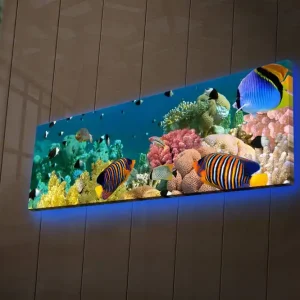 Lägg i varukorgen Canvastavla med LED-belysning 30x90 cm - Färgglad undervattensscen med tropiska fiskar och koraller Blå / Gul / Rosa - Inredning