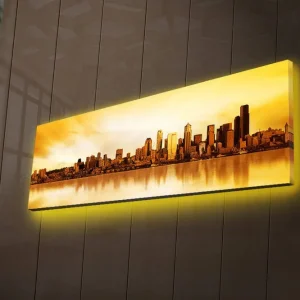 Canvastavla med LED-belysning 30x90 cm - Stadssilhuett i solnedgångens gyllene ljus Guld / Orange / Brunt - Inredning Endast denna vecka