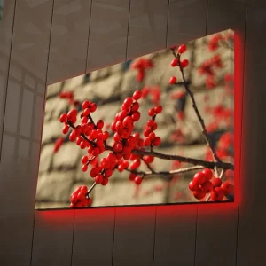 Rabatter Canvastavla med LED-belysning 45x70 cm - Röd bärklase på en gren Röd / Brun / Beige - Inredning