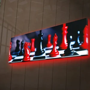 Premium Canvastavla med LED-belysning 30x90 cm - Schackbräde med röda och svarta pjäser Röd / Svart - Inredning