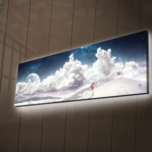 Rabatter Canvastavla med LED-belysning 30x90 cm - Drömlik landskap med en ensam figur som bär ett paraply i en snöig miljö under en stjärnklar himmel Blå / Vit / Rosa - Inredning