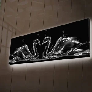 Canvastavla med LED-belysning 30x90 cm - Eleganta svanar i vattenrörelse Svart / Vitt / Grått - Inredning Kundfavorit