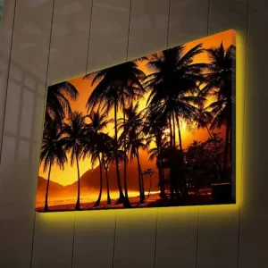 Canvastavla med LED-belysning 45x70 cm - Tropisk solnedgång med palmer i silhuett Orange / Svart - Inredning Begränsad tid