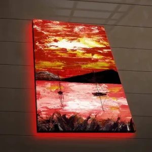 Canvastavla med LED-belysning 70x45 cm - Färgrik solnedgång över en sjö med segelbåtar Röd / Orange / Svart - Inredning Begränsad tid