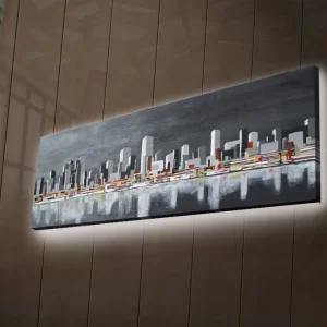 Nyhet Canvastavla med LED-belysning 30x90 cm - Modern stadslandskap med silhuetter av byggnader Grå / Vit / Orange - Inredning