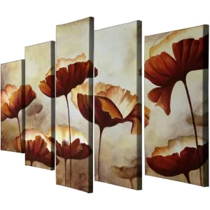 Nyhet Stor Canvastavla i 5 delar 105x70 cm - Färgrik bukett av blommor i varma toner Röd / Beige / Brun - Inredning