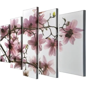 Extra rabatt Stor Canvastavla i 5 delar 105x70 cm - Rosa magnoliablommor på grenar Rosa / Grön / Brun - Inredning