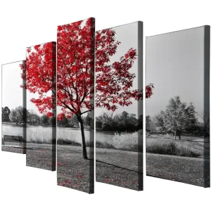 Stor Canvastavla i 5 delar 105x70 cm - Röd lönn i en svartvit landskapsmiljö Röd / Svart / Grå - Inredning Expressleverans