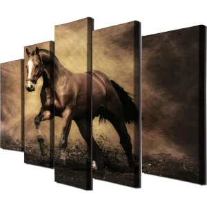 Erbjudandepris Stor Canvastavla i 5 delar 105x70 cm - Stolt häst i rörelse Mörkbrun / Beige / Svart - Inredning