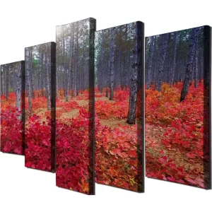 Stor Canvastavla i 5 delar 105x70 cm - Vacker skog med höstfärger och röda löv Röd / Grön / Brun - Inredning Utförsäljning