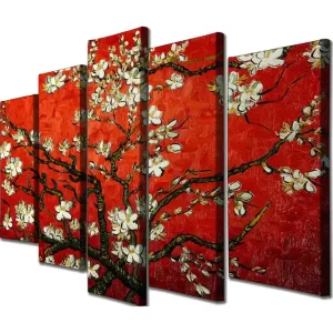 Stor Canvastavla i 5 delar 105x70 cm - Blommande kvist med vita blommor på en röd bakgrund Röd / Vit / Grön - Inredning Köp online