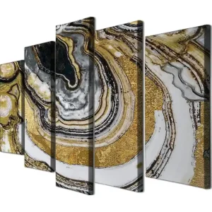 Nyhet Stor Canvastavla i 5 delar 105x70 cm - Abstrakt komposition med guld- och svartmarmorerade mönster Guld / Svart / Vit - Inredning