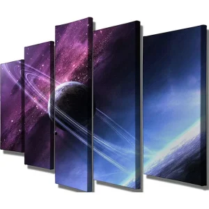 Stor Canvastavla i 5 delar 105x70 cm - Rymdlandskap med en planet och ringar i en stjärnspäckad himmel Lila / Blå / Svart - Inredning Erbjudandepris