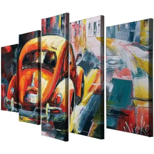 Lägg i varukorgen Stor Canvastavla i 5 delar 105x70 cm - Färgglad Volkswagen-bubbla i en livlig stadsmiljö Orange / Blå / Röd - Inredning