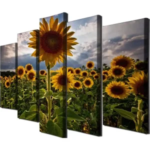 Begränsat antal Stor Canvastavla i 5 delar 105x70 cm - Soliga solrosor i en blomstrande fält Gul / Grön / Brun - Inredning