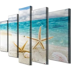 Köp nu Stor Canvastavla i 5 delar 105x70 cm - Stjärnformade snäckor på en sandstrand vid havet Blå / Beige / Vit - Inredning