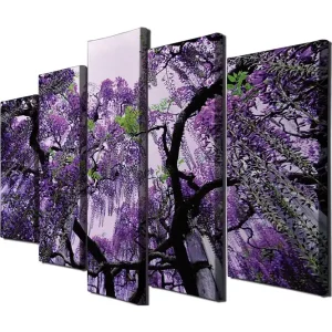 Handla nu Stor Canvastavla i 5 delar 105x70 cm - Lila blomsterhäng av wisteria Lila / Grön / Svart - Inredning