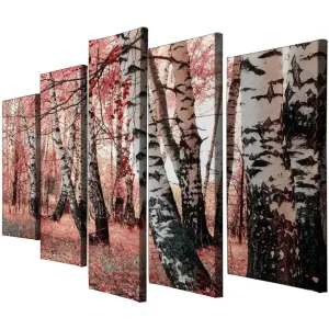 Stor Canvastavla i 5 delar 105x70 cm - Vacker skog med björkar i höstfärger Rosa / Svart / Vit - Inredning Reapris
