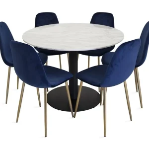 I lager Venture Home Admira Matgrupp 106 cm Rund Marmor med 6 Valeri Köksstol Sammet Grå/Svart - Möbler