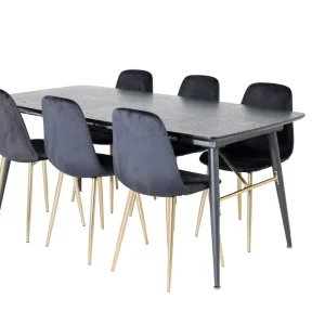 Venture Home Irunea Förlängningsbar Matgrupp 180 cm inkl 6 Pontus Stolar Svart/Mässing/Sammet - Möbler Fynd