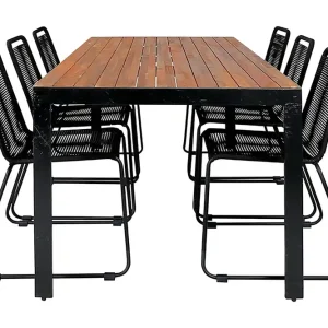 Venture Home Bois Matgrupp Utomhus 205cm + 6 Lindos Stapelbara Matstolar Svart/Grå - Utemöbler Kampanjpris