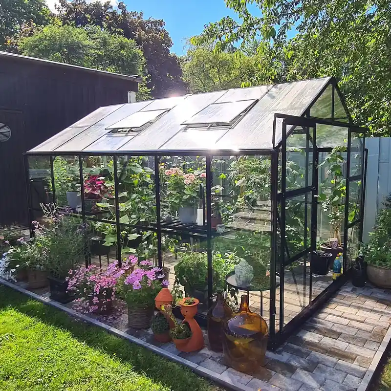 Växthus 9,6 m² | 4mm säkerhetsglas | 5 års stormgaranti | Svart - Trädgård & spabad I lager