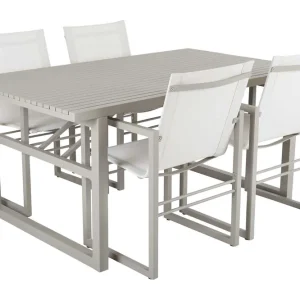 Beställ idag Vevi matgrupp - Khaki/vit 4 karmstolar & bord 160x90 cm från Brafab- Bra Möbler