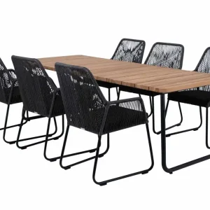 Midway & Nolli matgrupp - Grå/teak 6 karmstolar & bord 225x90 cm från Brafab- Bra Möbler Fynd
