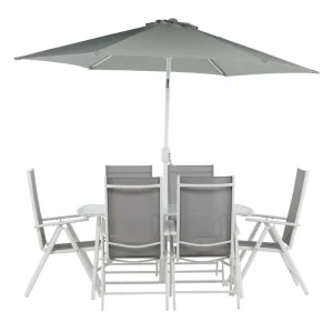 Fynd Brekki matgrupp - Grå/vit 6 stolar, parasoll & bord 150x90 cm från Venture Design- Bra Möbler