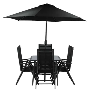 Brekki matgrupp - Svart/svart 6 stolar, parasoll & bord 150x90 cm från Venture Design- Bra Möbler Sänkt pris