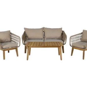 Expressleverans Chania soffgrupp - Akacia/natur med beige dyna 2-sitssoffa, 2 fåtöljer & bord 110x60 cm från Venture Design- Bra Möbler