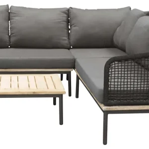 Andorra soffgrupp - Akacia/svart med grå dyna 2st 2-sitsavslut, hörn & bord 90x60 cm från Venture Design- Bra Möbler Expressleverans