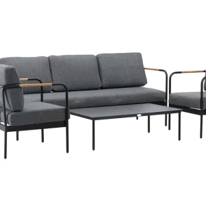 Pehnna soffgrupp - Svart/teak med grå dyna 3-sitssoffa, 2 fåtöljer & bord 120x70 cm från Venture Design- Bra Möbler Begränsat erbjudande